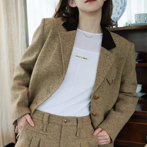 demi et demi【梁洁同款】100%羊毛花纱学院西装百褶短裙