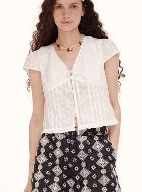 demi et demi500 Day of Summer白色纯棉提花绑带荷叶边收腰上衣