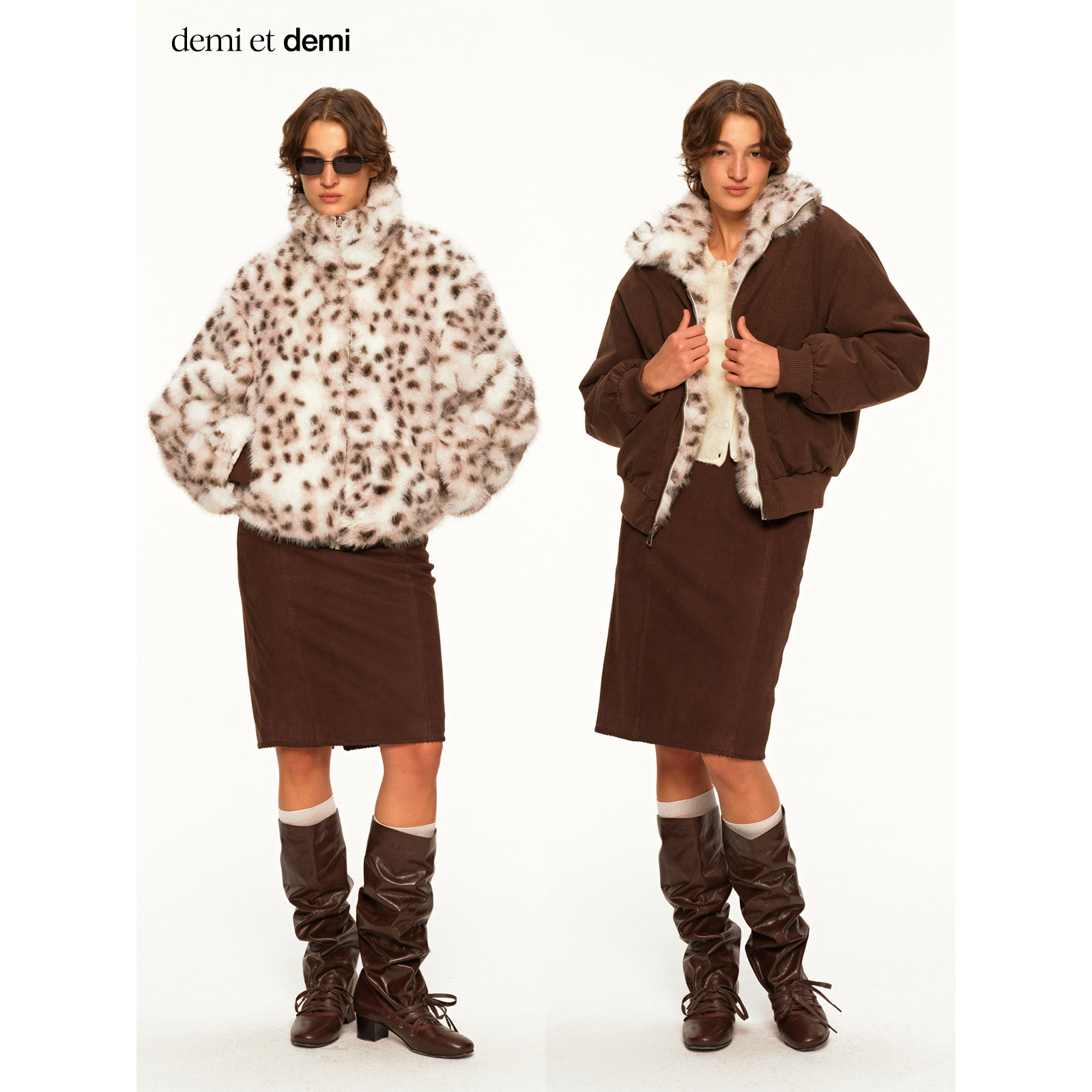 demi et demia little wild 女秋冬粉白底豹纹仿皮草双面穿外套