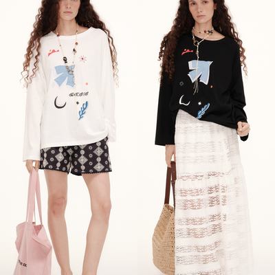 demi et demiWILD SUN趣味飞鸟图腾宽松防晒舒适透气长袖T恤