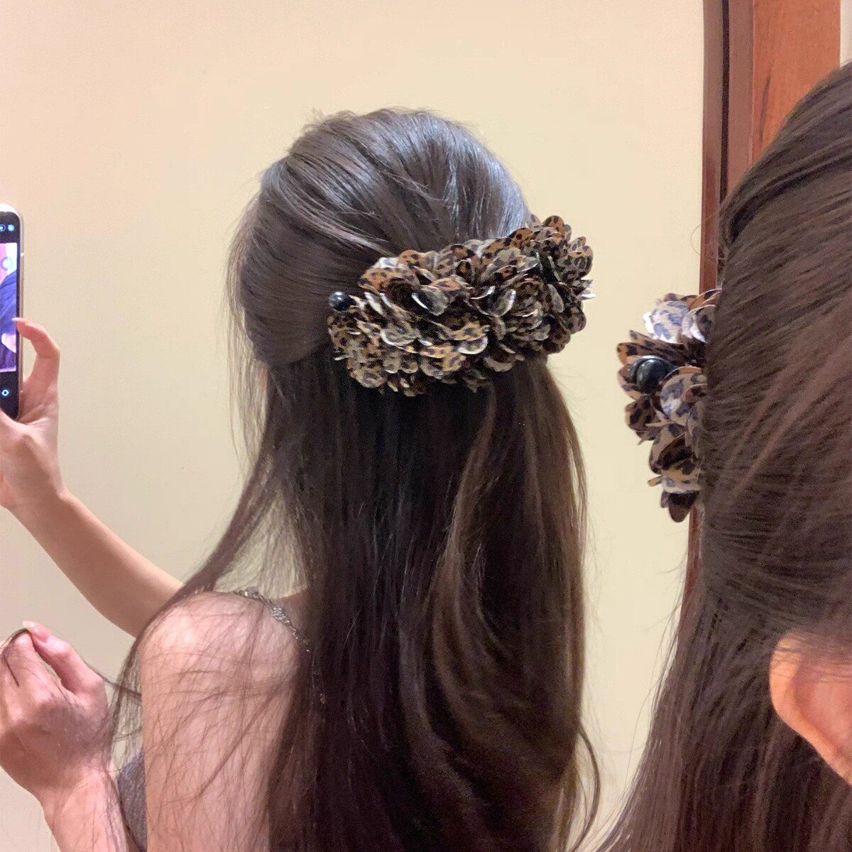 复古豹纹花朵香蕉夹女高级感发夹后脑勺显发量抓夹半扎发横夹发饰