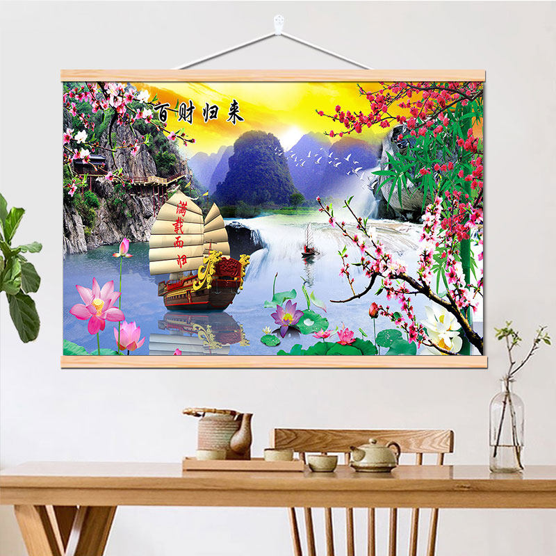 中式办公室荷花布艺装饰挂画