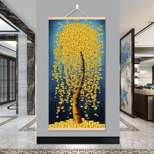 发财树入户玄关装 卷轴画 饰画现代简约客厅走廊尽头招财墙壁画竖版