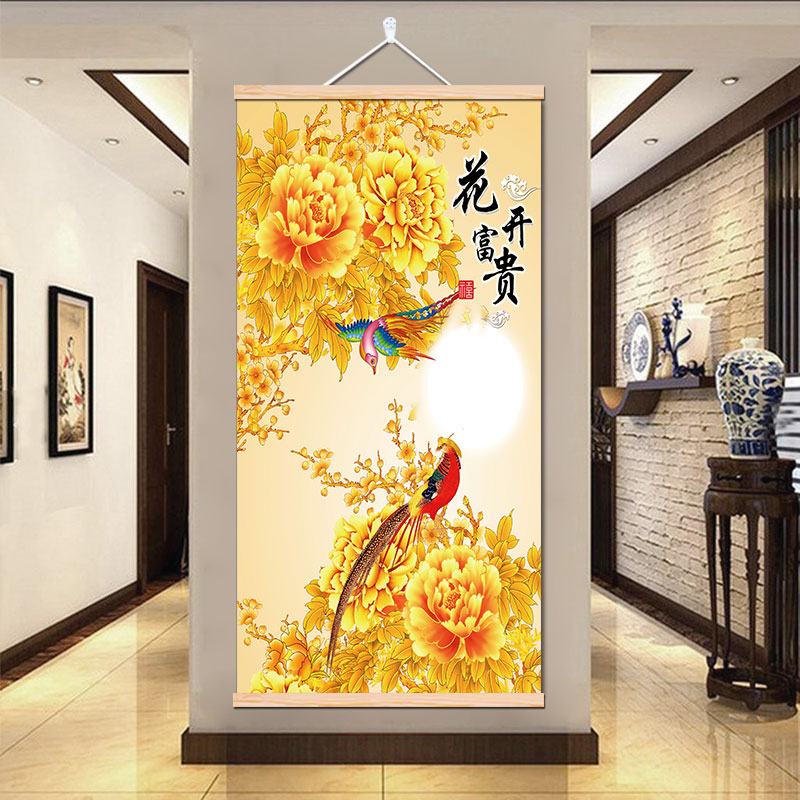 中式竖版花开富贵玄关入户装饰画孔雀牡丹花鸟布艺挂件免打孔挂画图片