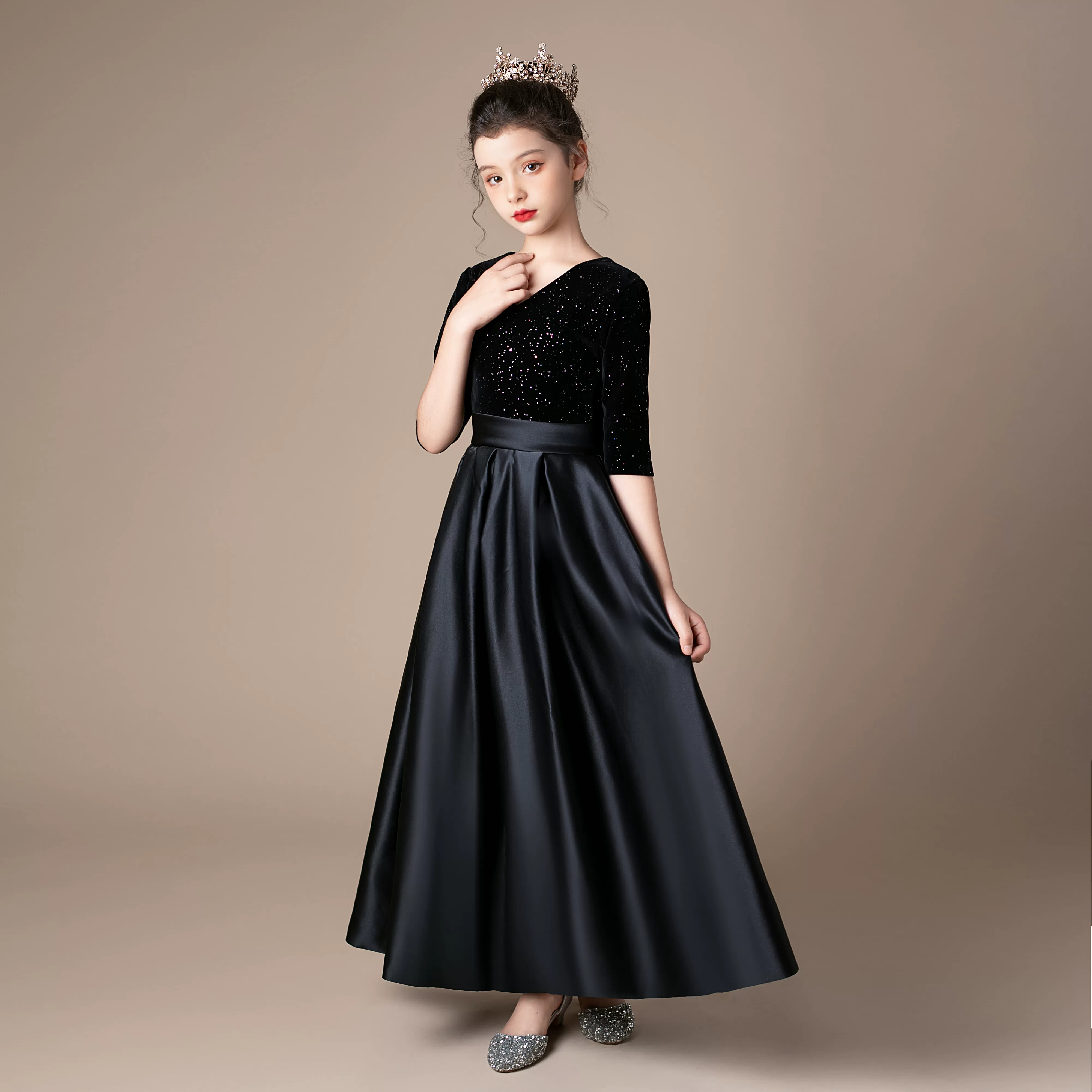 黑色女童礼服公主裙中大童走秀钢琴演出小提琴演奏服儿童乐团合唱