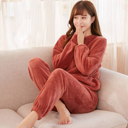 珊瑚绒睡衣女士秋冬款加厚加绒保暖纯色大码法兰绒冬季家居服套装