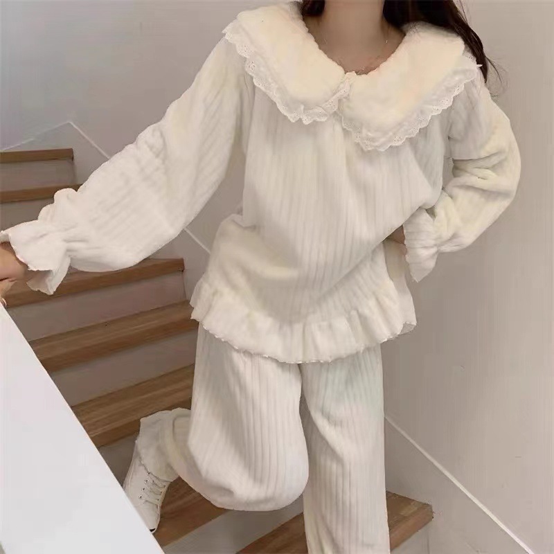 秋冬季加绒加厚法兰绒睡衣女可爱公主风家居服套装珊瑚绒学生