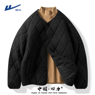 回力棉袄外套男秋冬复古叠穿菱形格内胆轻薄保暖黑色无领防寒服Y