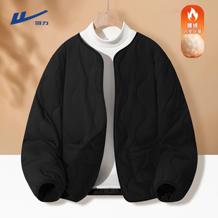回力轻薄棉服男冬季 无领加绒内胆小棉袄Y 青少年夹棉保暖黑色美式