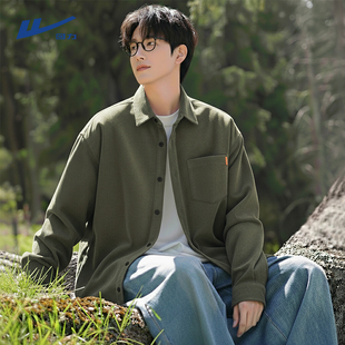 回力衬衫男春秋款美式复古绿色灯芯绒工装外套重磅翻领长袖衬衣Y