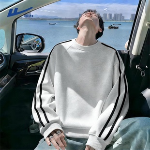 回力白花灰卫衣男款春季美式高街重磅宽松两条杠青少年圆领长袖Y