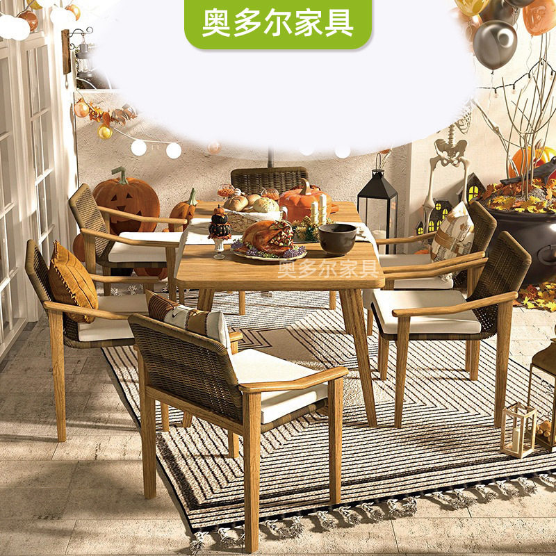 户外柚木藤编桌椅组合酒店室外餐厅藤椅沙发户外别墅露天餐桌椅
