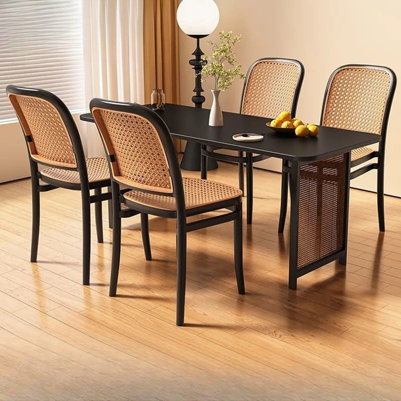 藤编塑料椅子北欧家用叠放餐椅户外网红休闲靠背椅中古小户型桌椅