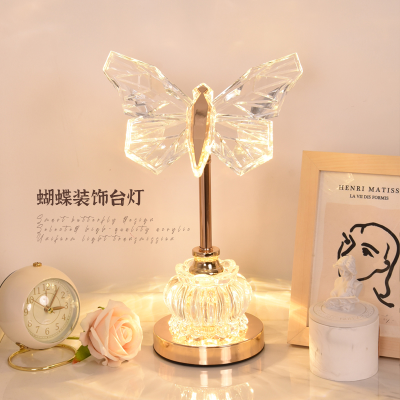 台灯卧室床头柜灯水晶玻璃蝴蝶小夜灯轻奢感复古主卧氛围灯