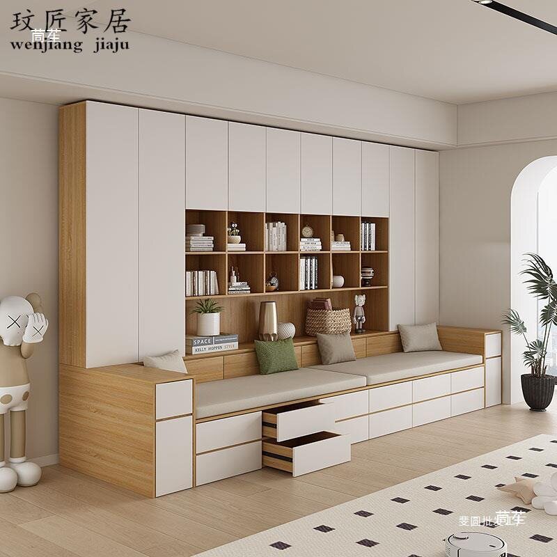 沙发书柜一体客厅墙柜书橱满墙带卡座书架背景柜储物柜客厅收纳