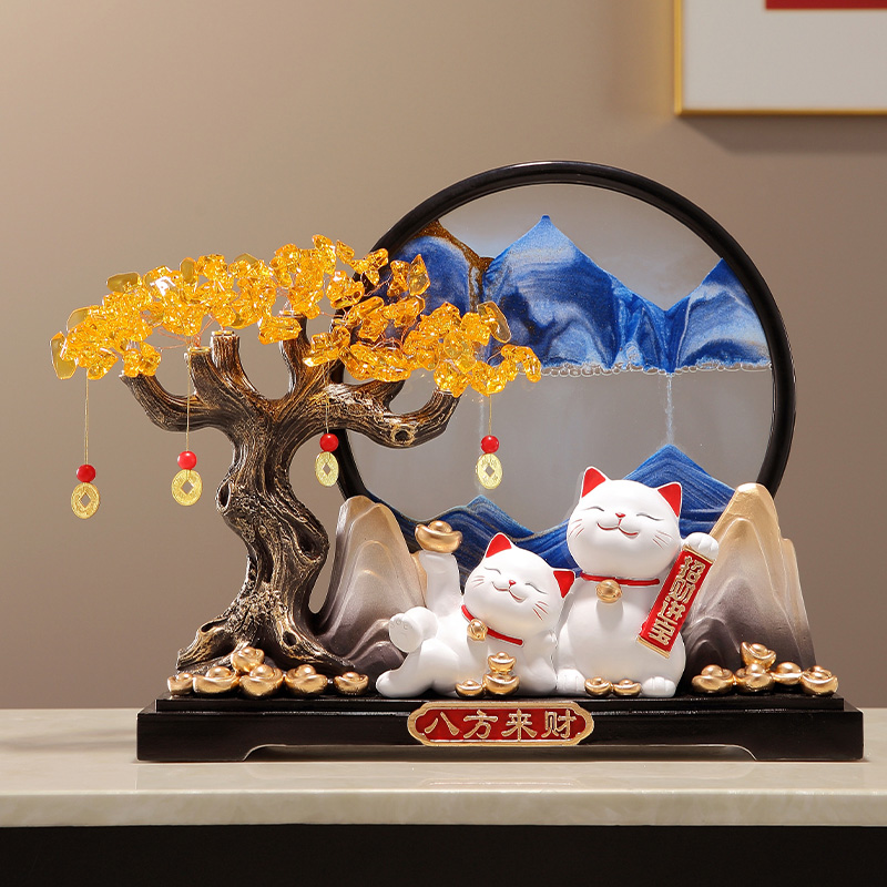 招财猫八方来财发财树流沙画摆件客厅酒柜装饰新居乔迁开业礼物图片