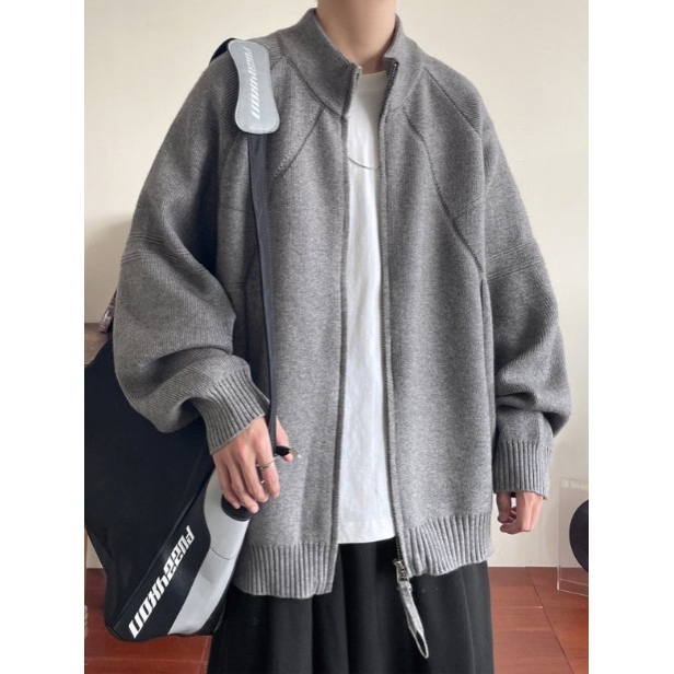 欧洲站重磅慵懒风针织开衫男款秋季美式复古情侣款毛衣拉链设计宽