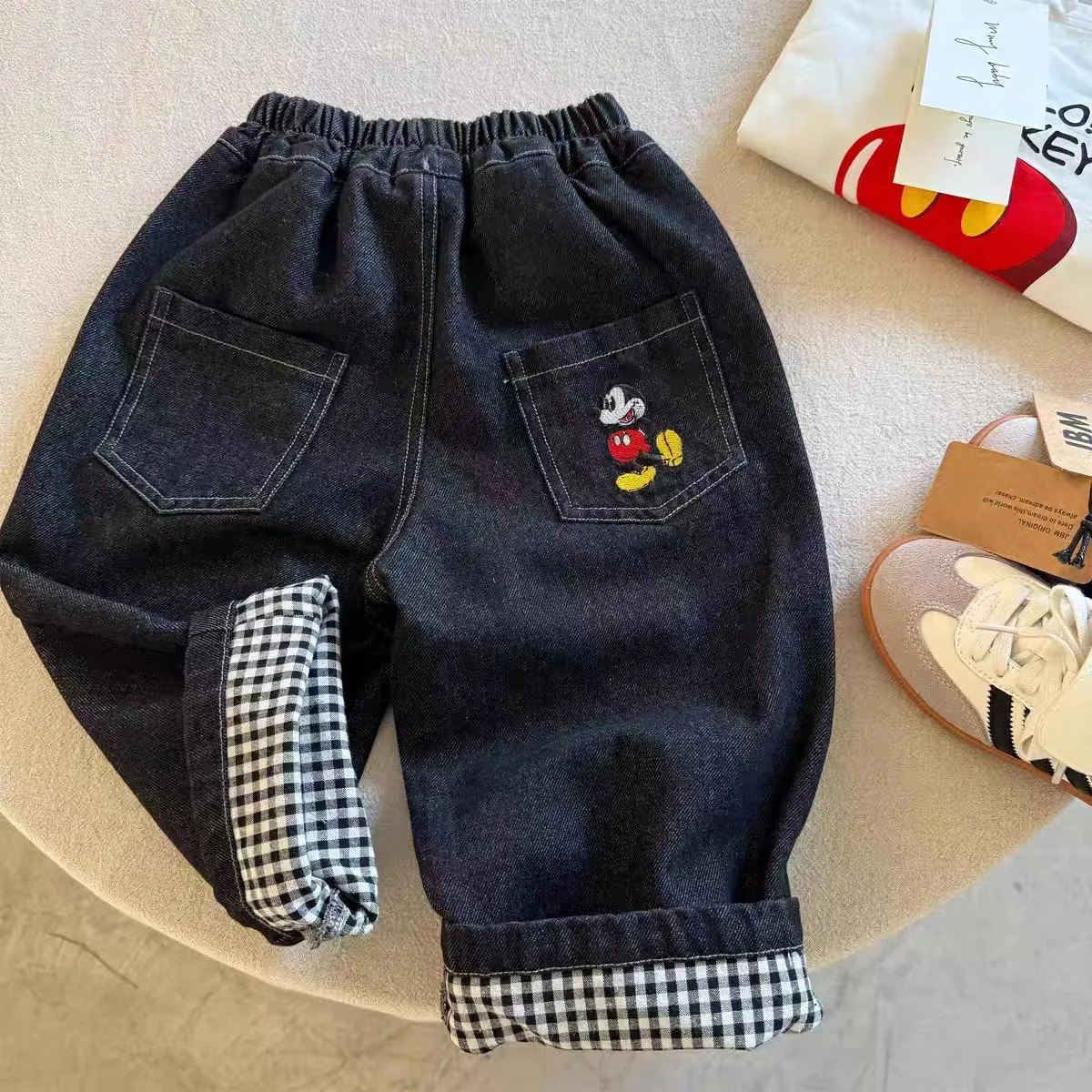 日本品质男童牛仔长裤2025新款春季男宝宝格子拼色日系休闲裤直筒