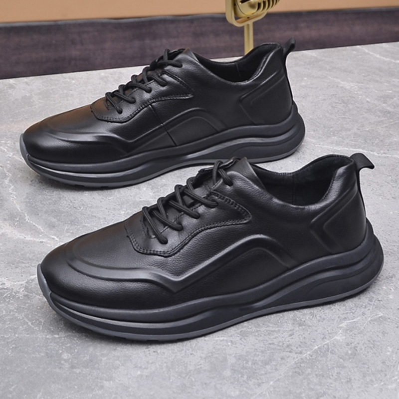 欧洲站男鞋潮流鞋春秋季新款休闲鞋头层牛皮软底跑步鞋黑色真皮运