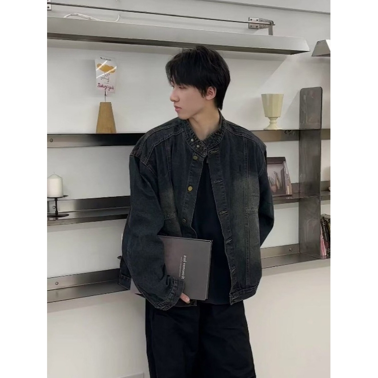 欧洲站春秋款美式复古水洗蓝色立领牛仔夹克男款痞帅宽松纽扣外套