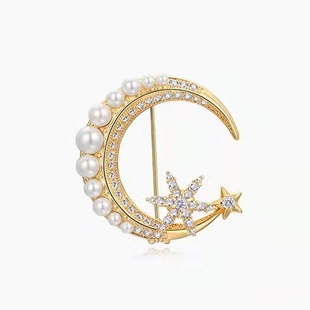 时尚 日本品质秋冬新品 轻奢高级通勤胸针微镶锆石珍珠月牙星星气质