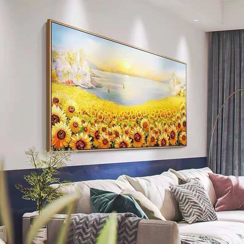 挂画版背景手绘装饰画卧室壁横向日葵北欧大芬油画客厅.风景沙发图片