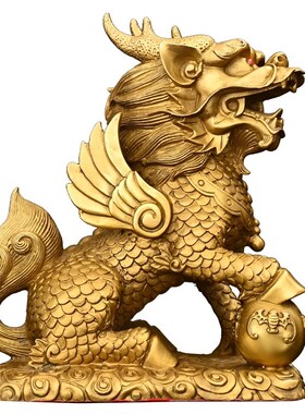 玄关公母一对风水金黄铜门口高35cm麒麟办公桌招U财摆件卧室带八