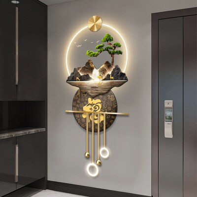 九鱼图新中式入户玄关装饰画山水画高档立体LEDT壁灯走廊过道挂画