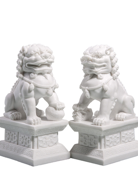 新中式石雕狮子摆件样板房家装客厅书H房风水白色软装饰小工艺品
