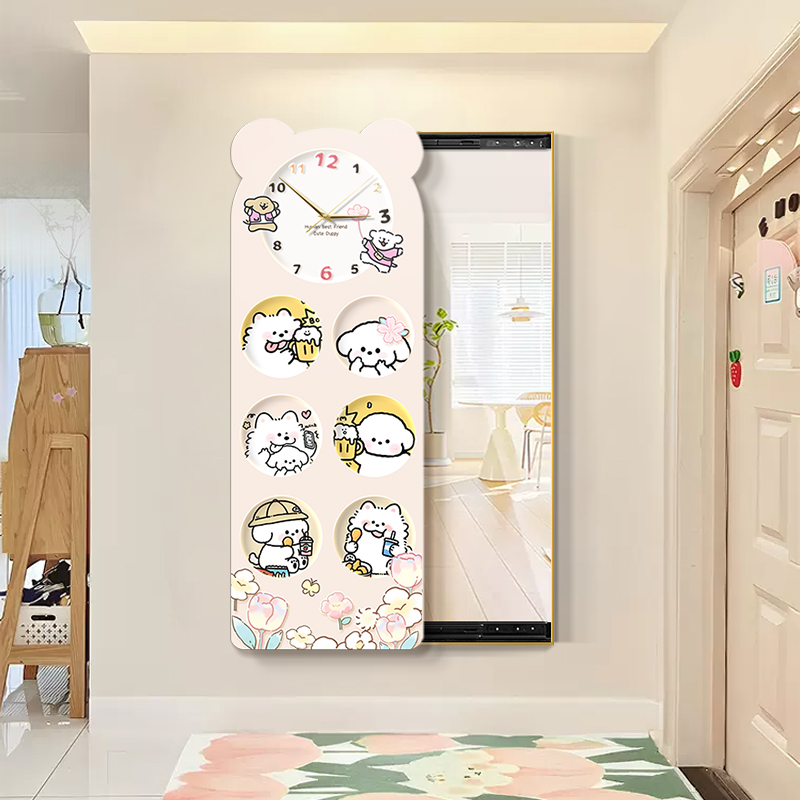 奶油风玄关装饰画钟表小狗暗藏式全身镜子L挂画推拉隐形穿衣镜壁