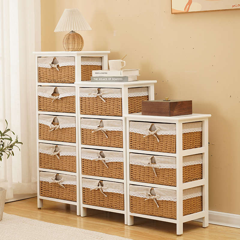 收纳柜木制简约床头柜现代编织抽屉家用I储物柜置物架网红草编斗