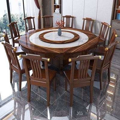 新中式大理石圆桌饭店餐桌椅组合10人岩板圆桌1.8米全实木圆餐桌