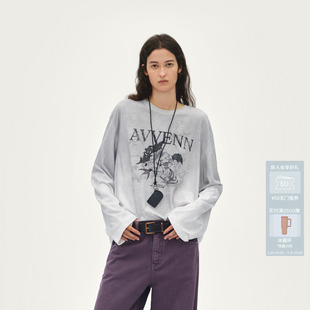 AVVENN设计师款 T恤落肩内搭AL91001506 做旧印花长袖