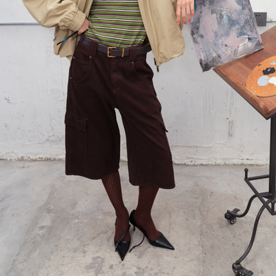 AVVENN调节袢细节阔腿结构牛仔八分裤AK11305598