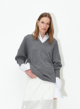 AVVENN秋季灰色羊毛纱衬衫假两件毛衫上衣AM70601683