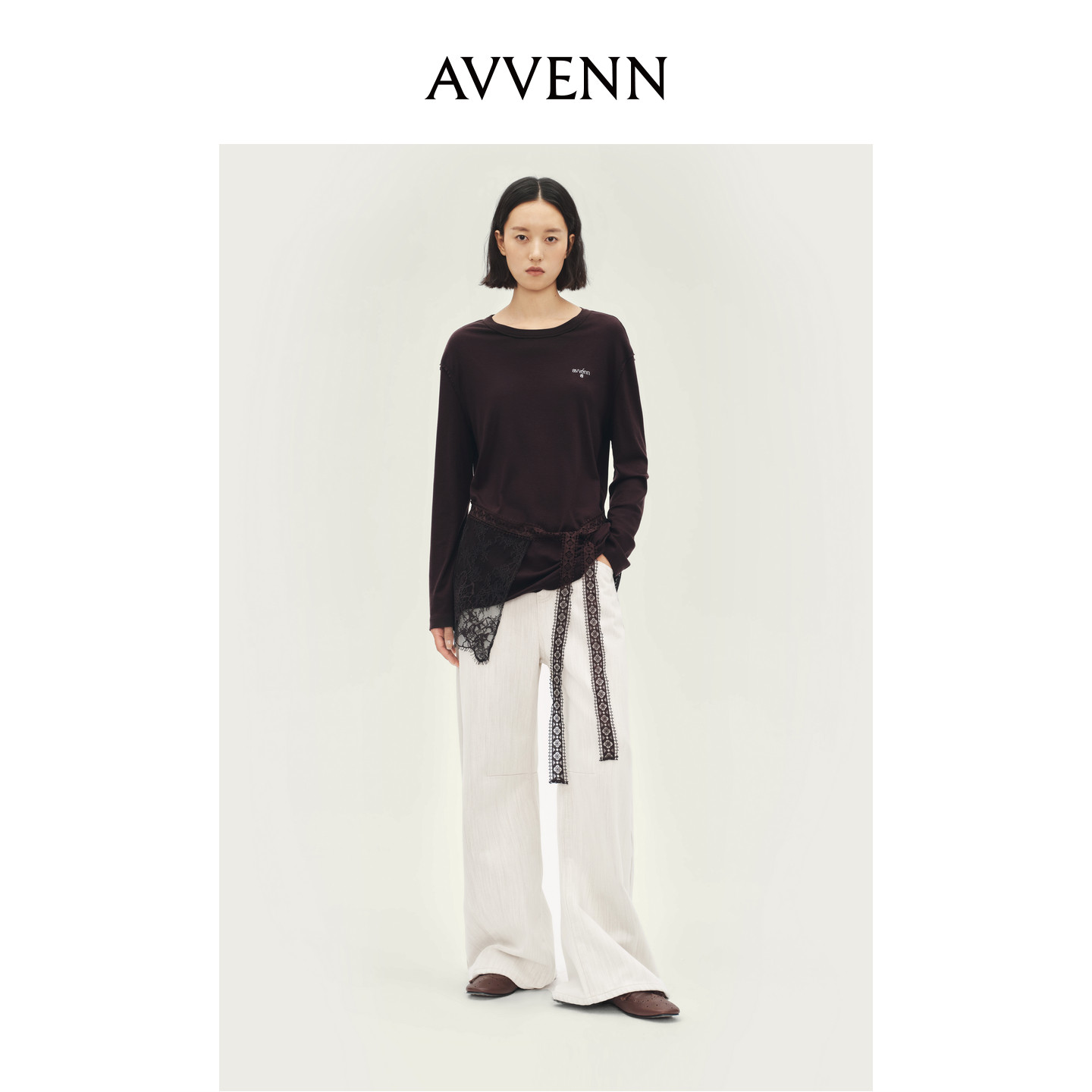 AVVENN棕咖色天丝羊毛针织衫可拆蕾丝屁帘时髦造型感AL91001519