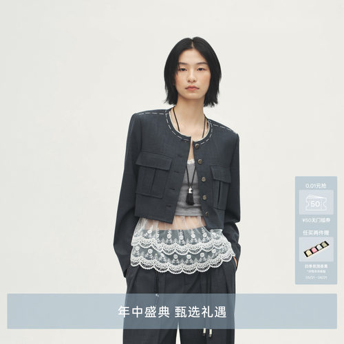 AVVENN设计师款简约大口袋小香风短款工装圆领外套AL70105555