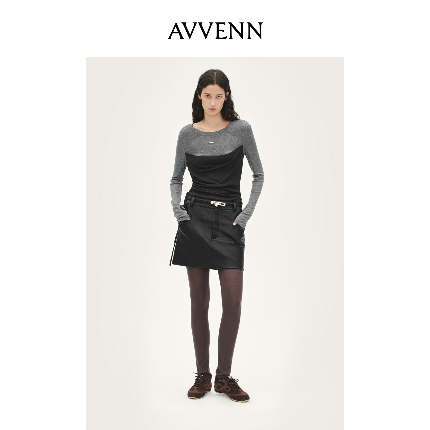 AVVENN内衬打底PU皮短裙带腰带A型下摆设计舒适时髦AL91501739