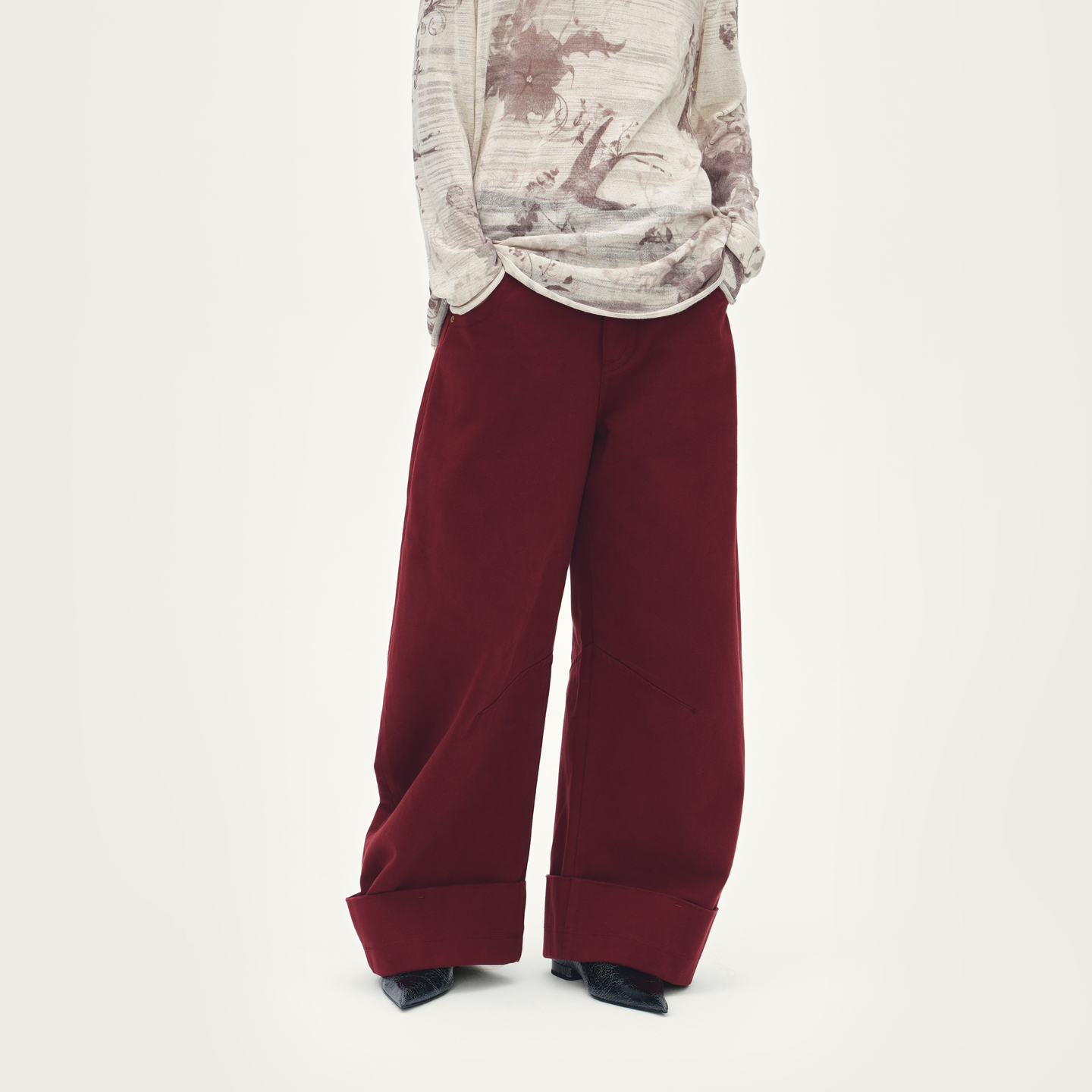 AVVENN浆染红色脚口翻边宽松牛仔裤AL91302821