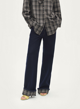 AVVENN脚口翻边复古直筒蓝色原牛牛仔裤AL91302632