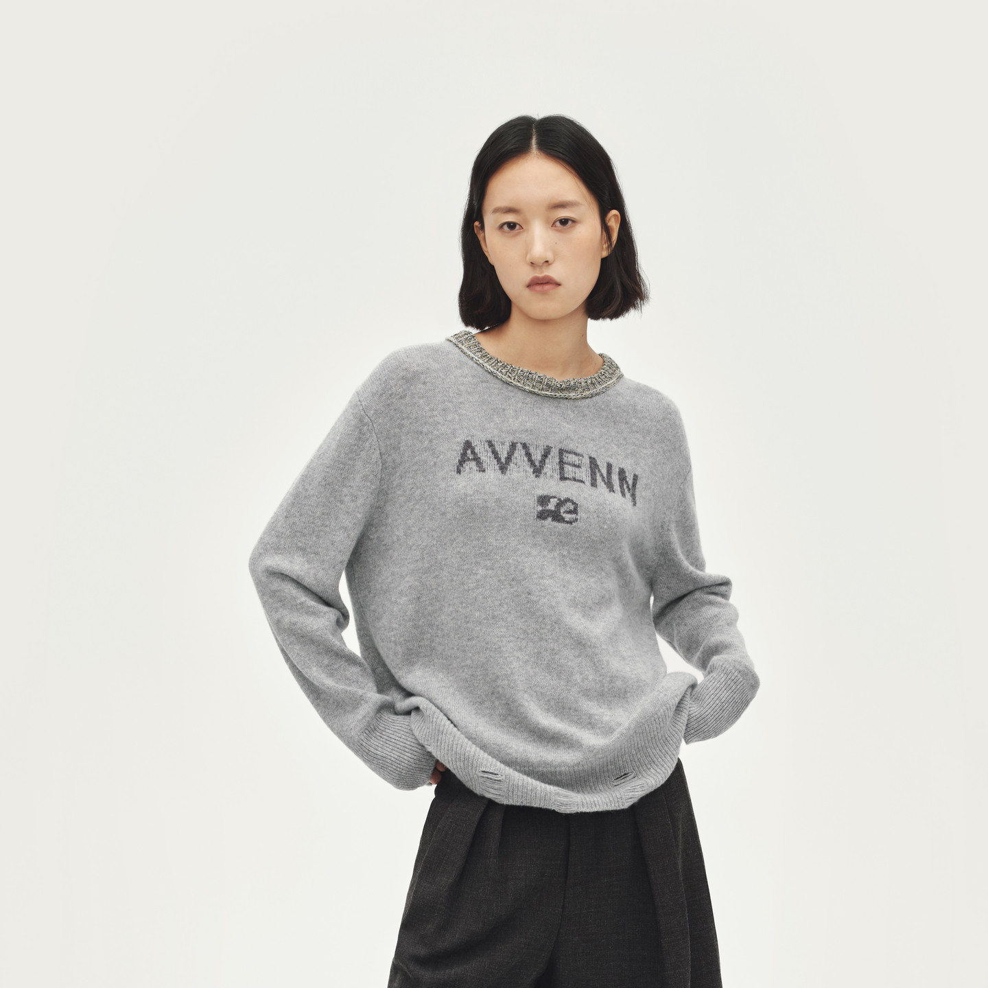 AVVENN山羊绒羊毛套头毛衣杂纱粗针坑条设计撞色宽松AL90601666