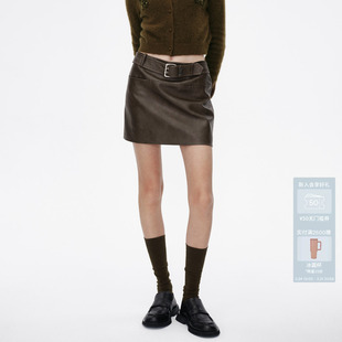 AVVENN质感金属拉链做旧水洗PU棕咖色短裙AM91501673
