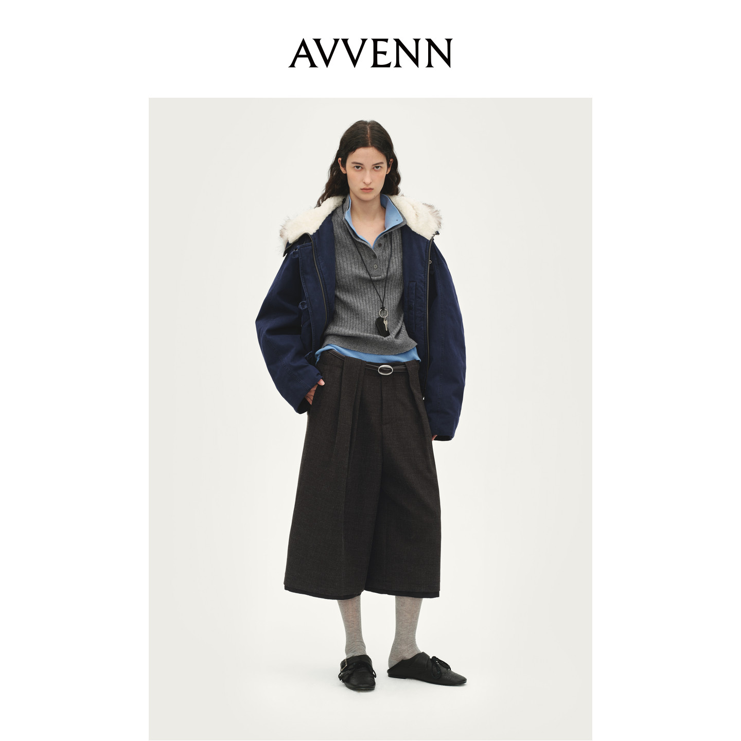 AVVENN大毛领水洗帆布短款牛角扣工装羽绒外套修身藏蓝AL90501844