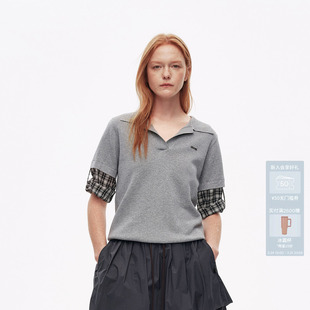 AVVENN设计师款 AL30601729 格纹拼假两件POLO领层次感针织短袖