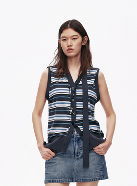 AVVENN设计师款多造型飘带提气蓝色条纹针织马夹AL30702719