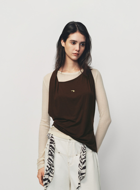 AVVENN假两件堆褶不对称飘带针织单衣垂坠造型感AK10802694