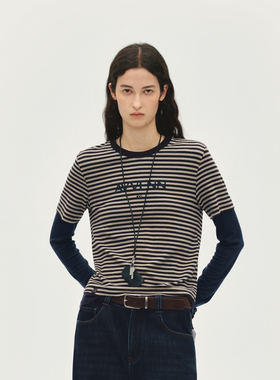 AVVENN假两件百搭条纹长袖T恤撞色设计感显瘦时髦AL91001514