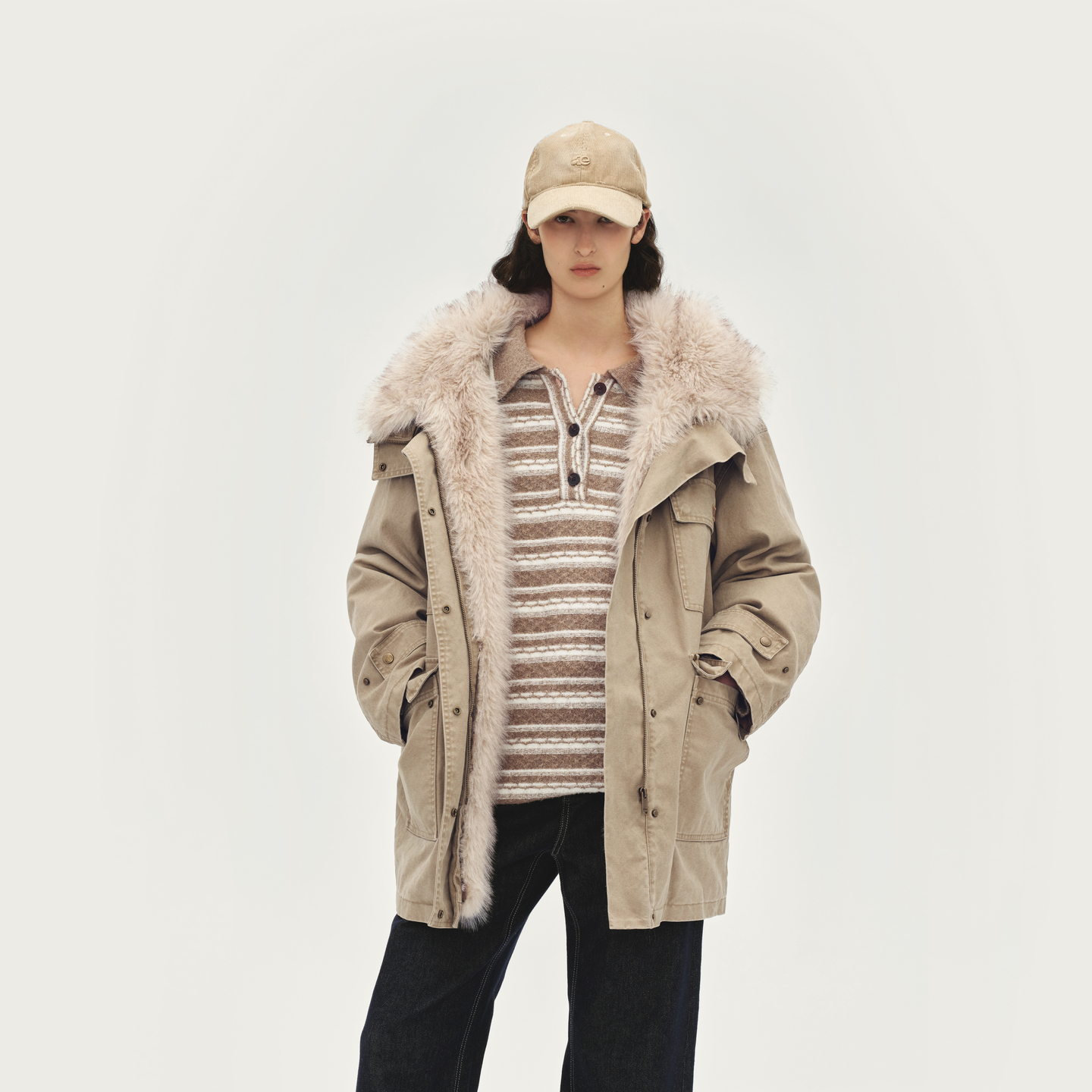 AVVENN水洗连帽毛内里工装风中长款羽绒服AL90502812