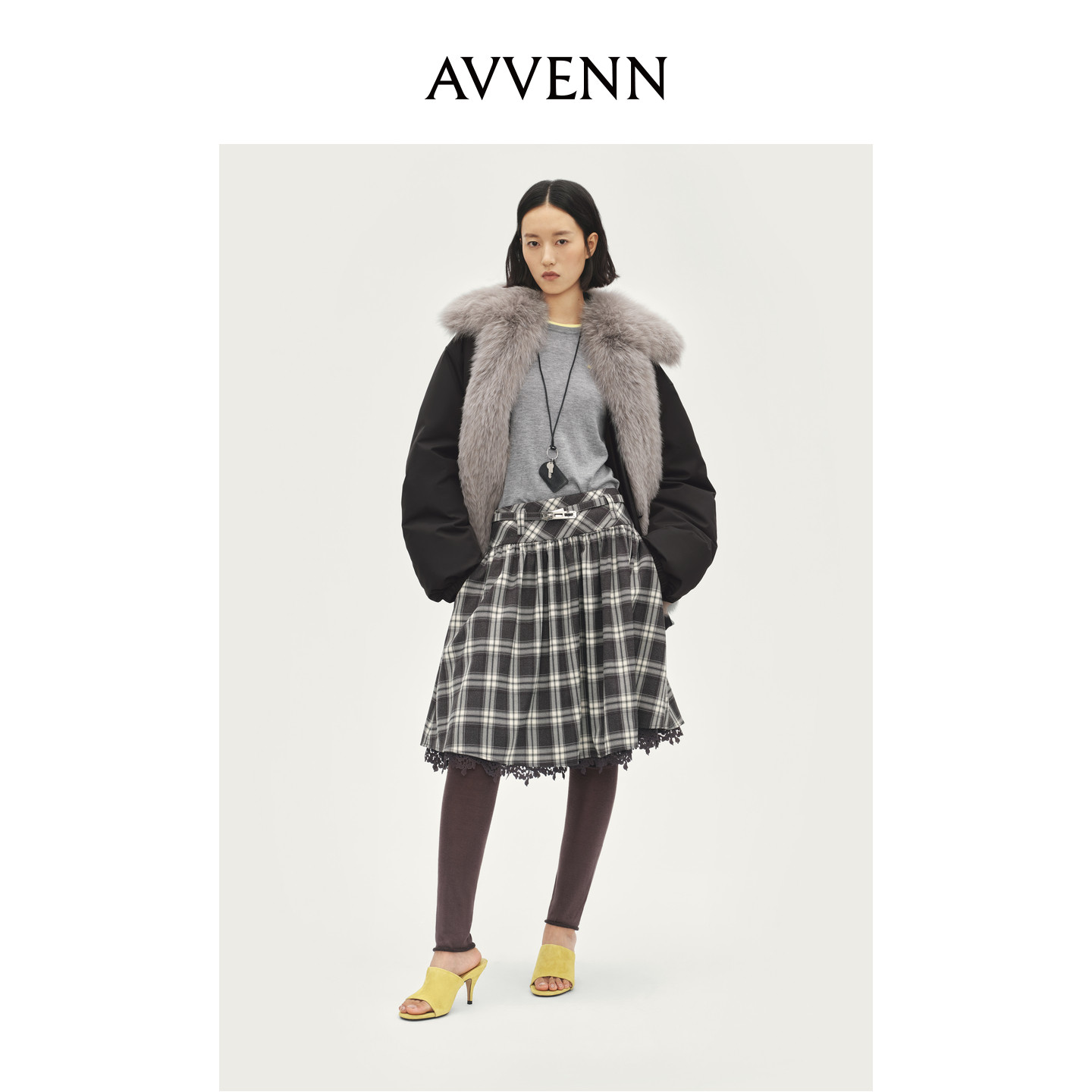 【马思纯同款】AVVENN黑色飞行员夹克可拆毛领羽绒服AL90502807