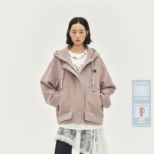 AVVENN设计师款 羊毛呢宽松连帽卫衣大衣外套双色绳结AL90302797